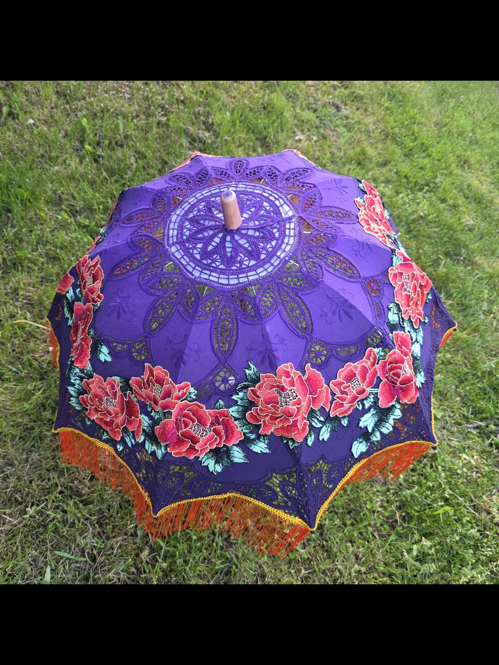 Purple Floral Lace Parasol with Red Rose Embroidery - Picture 2 of 3